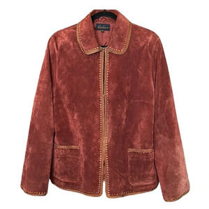 LUISA SPAGNOLI Cognac Brown Suede Leather Jacket  Bohemian Chic Crochet Trim